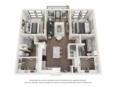 Floor plan for 2 beds, 2 baths, 1052 sqft